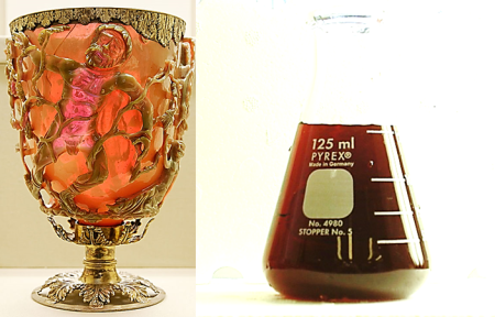 Roman colloidal gold. (L) The Lycurgus cup. Gold and silver nanoparticles in the glass make for some fantastic and very unique color effects. (R) A solution of gold nanoparticles in water. Some people still drink this as a health tonic. I wouldn’t recommend it.