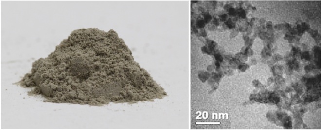 Left: a photo of the nanodiamond powder that we use in our experiments. Right: an image of individual nanodiamonds clumped together, at ~1,000,000x magnification, acquired using a transmission electron microscope.
