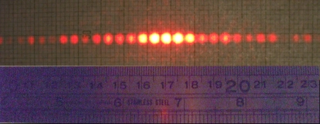 The diffraction pattern produced by passing a red laser through a grid of tiny slits. Image source 
