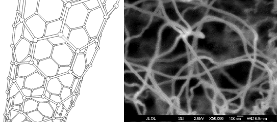Left: Carbon nanotube atomic structure. Image source http://en.wikipedia.org/wiki/Space_elevator Right: Carbon nanotube scanning electron microscope image. Image source http://www.nano-lab.com/nanotube-image.html