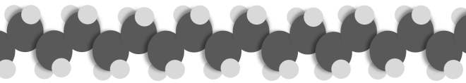 A cartoon of one small segment of a polyethylene chain. The black spheres are carbon atoms, the grey spheres are hydrogen atoms.