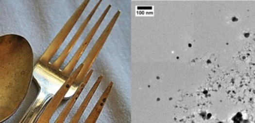 Left: close-up photo of two forks and a spoon. Right: assortment of black dots on a gray background, with a 100 nm scale bar