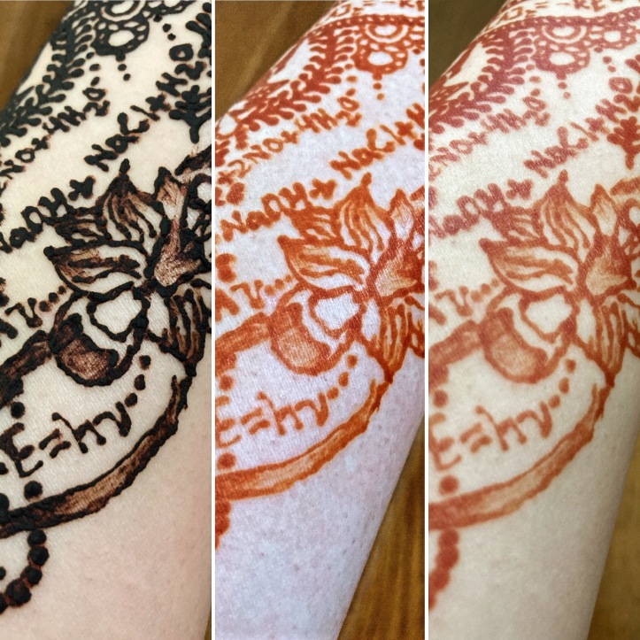 Left image is henna freshly applied on the hand in a dark green color, middle image is the same hand with the henna paste washed off with a brown henna design on the skin, and the right image is the same hand with a slightly darker brown henna design on the skin.
