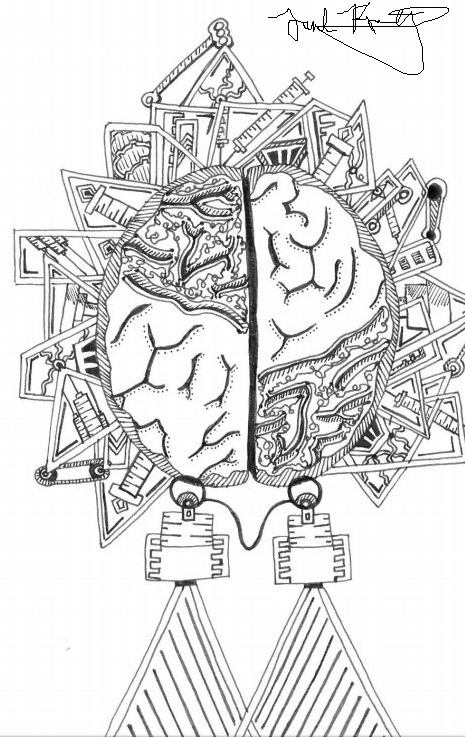 black-and-white detailed line drawing including elements of a brain and visual field 