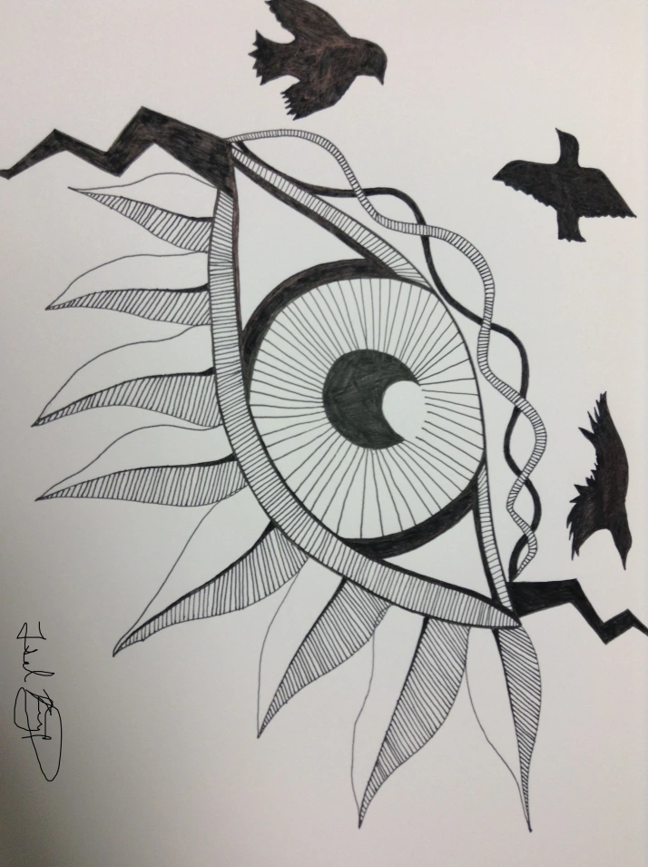 black-and-white line drawing of a large eye, incorporating elements of birds and a DNA helix