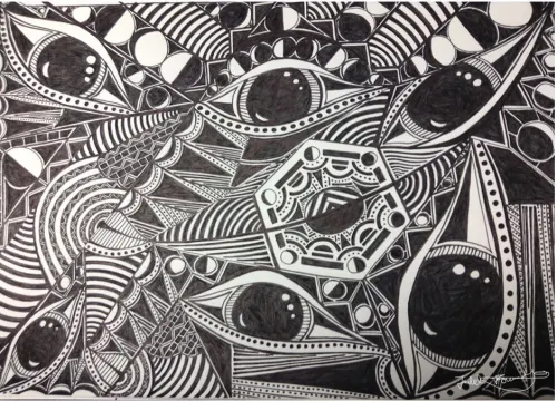 black-and-white line drawing with motifs of eyes, circles, arches, and triangles