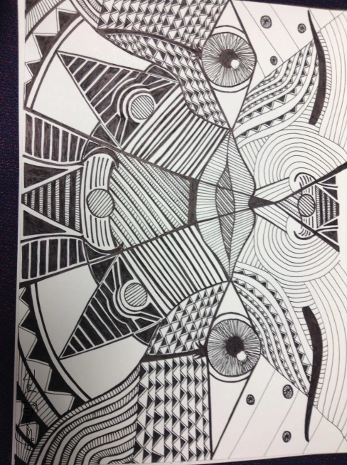 Black-and-white drawing of geometric shapes with kaleidoscopic symmetry and the suggestion of a face