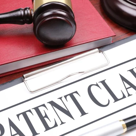 Image of a wooden gavel, red book, white ink pen, and a clipboarded paper titled "Patent Claim"